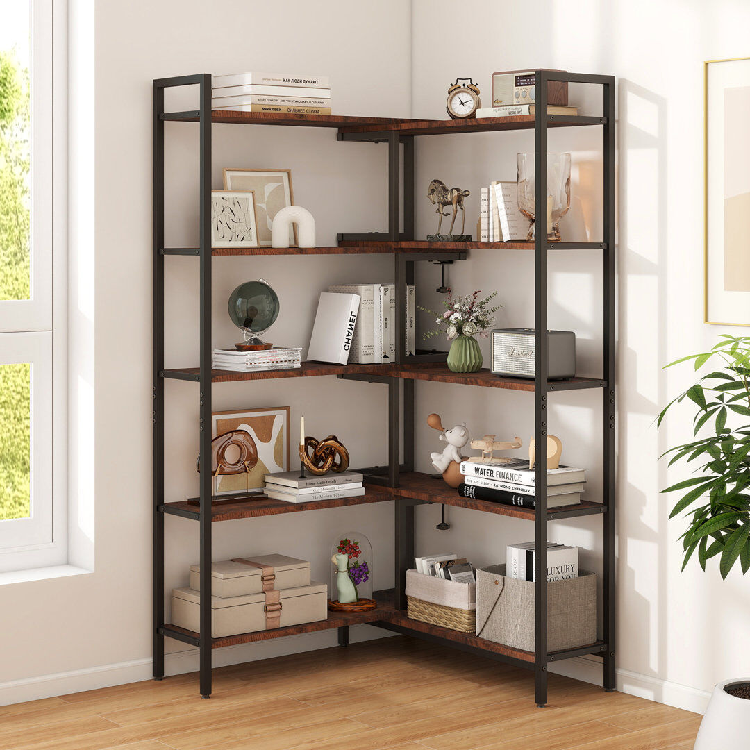 17 Stories Expandable Corner Bookcase With 5 Tier Shelves, Wooden Storage Rack, Display Bookshelf, Space Saving Brown;Black 146cm H X 146cm W X 24cm D