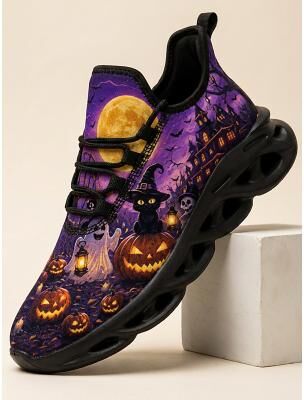 LightInthebox Men's Pumpkin Moon Halloween Sneakers, Spooky Night Print Cushioned Athletic Shoes for Parties, Trick-or-Treating and Casual Wear