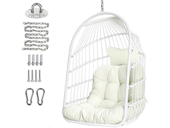 Hängesessel Korb Rattan Weiß mit Aufhängeset, Kunststoff, 73x1.5x108 cm, Gartenmöbel, Gartenschaukeln, Hängesessel
