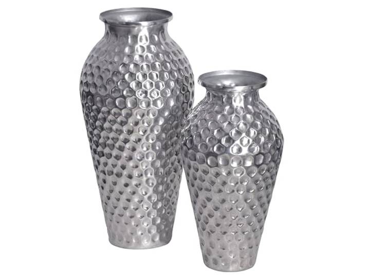 WOHNLING Dekovase 2er Set Aluminium Silber Amphore Blumenvasen rund mit dekorativer Oberfläche, Tischvasen Metall 2-teilig, Designvasen handgefertigt, Unikat