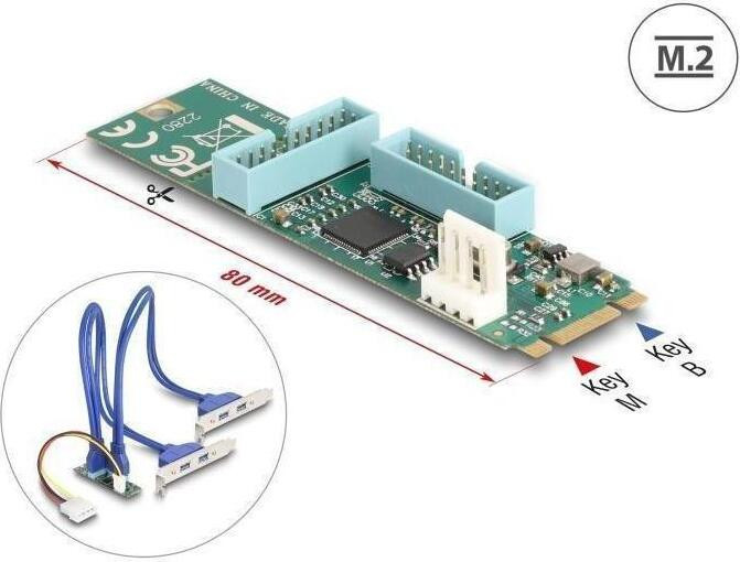 Delock M.2 Key B+M naar 4 x USB 5 Gbps Type-A converter met 50 cm kabel