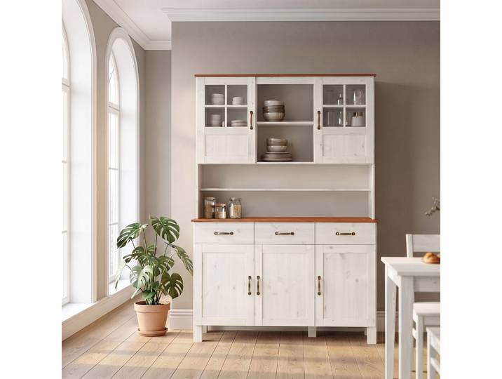 Küchenbuffet HOME AFFAIRE Alby , weiss (weiß, honigfb), B:125cm H:185cm T:38cm, Massivholz, Schränke, Küchenbuffet, Breite 125 cm, 2 Glastüren, 2 Schubladen