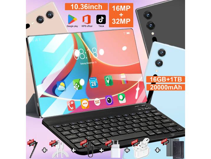 Tablette Android 16 Go + 1 To, 20000 mAh, 10,36 pouces, version mondiale, nouveau réseau, 14 cœurs, Android 13.0, Wifi
