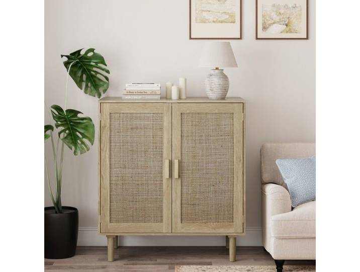 Meuble rangement rotin naturel 2 portes 80x40x88cm buffet salon salle à manger couloir design fonctionnel