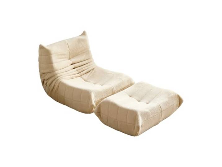 okwish Bodensofa, Sitzsack, Einsitzer mit Fußhocker, 112 cm breit, Beige Hochdichter Schaumstoff, weicher Teddy-Bezug, Wohnzimmer-Loungesofa, ohne Montage für Wohnzimmer & Schlafzimmer