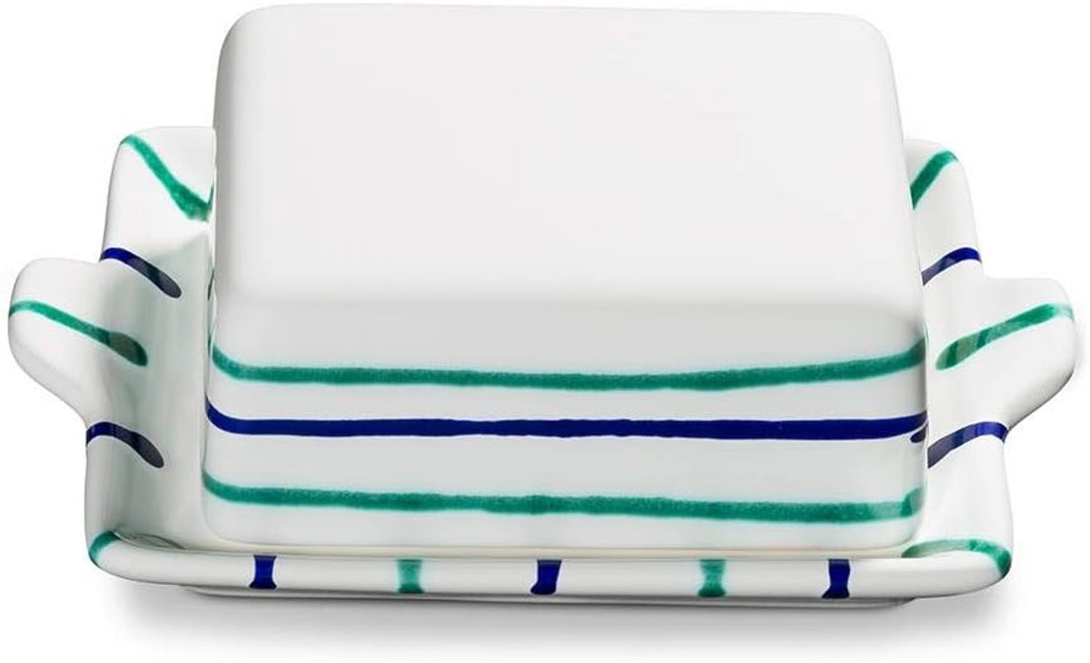 Handgemaakt keramisch botervloot met deksel in heldere toon, 16,5 x 12 cm