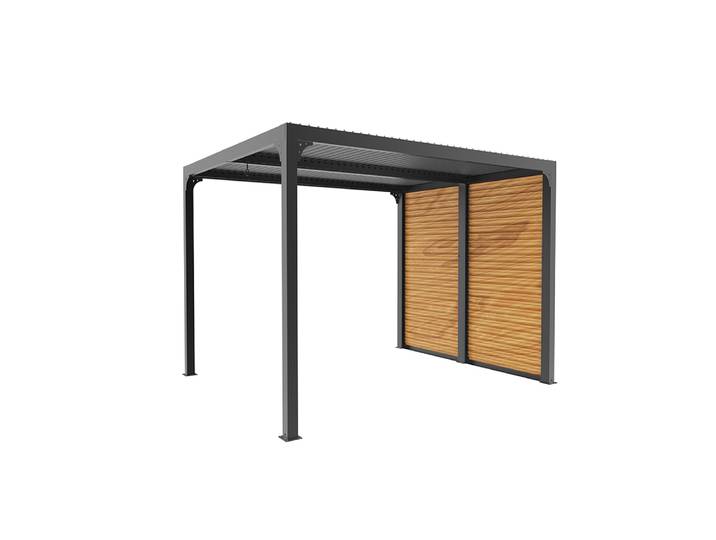 Pergola bioclimatique ALUMINIUM balcon et terrasse coloris gris anthracite livrée avec des ventelles latérales aluminium mobiles couleur imitation bo