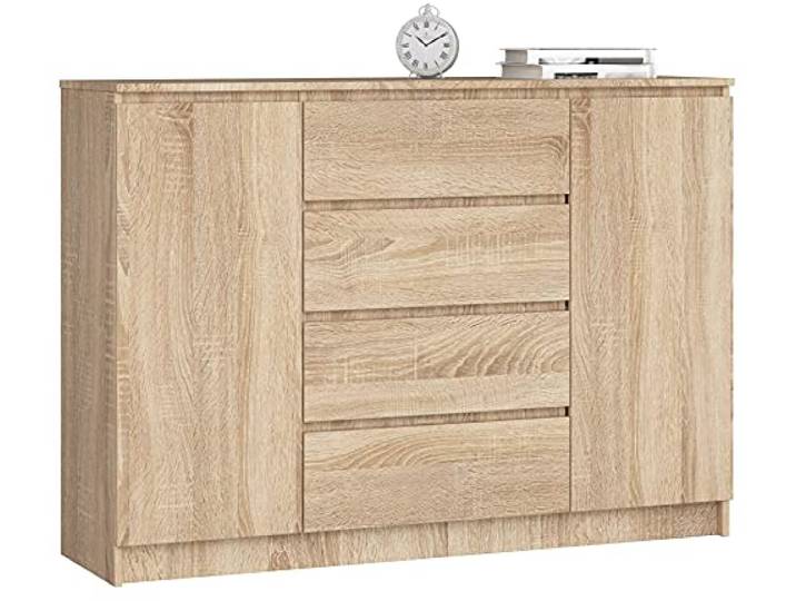 AKORD Kommode K 140 cm 4 Schubladen und 2 Türen zum Wohnzimmer Schlafzimmer Arbeitszimmer Modernes funktionales Design Schichtstoffplatte Farbe Sonoma