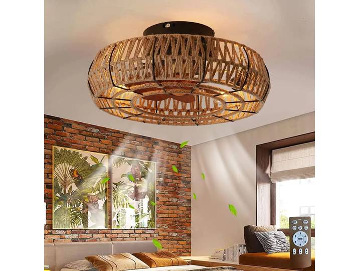 Ventilateur de plafond de style cage rétro créatif, télécommande pour salon de style américain, ventilateur de plafond en corde de chanvre avec lumière