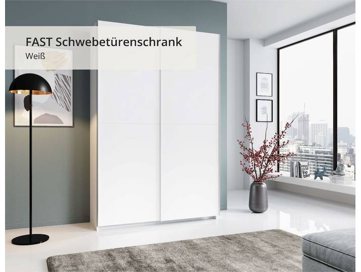 Schwebetürenschrank SCHLAFKONTOR Heimo/Fast Schrank Kleiderschrank Garderobe , weiss (weiß), B:150cm H:196cm T:38cm, Holzwerkstoff, Schränke, Schwebetürenschrank, geringe Tiefe, ausziehbarer Kleiderstange, Garderobenschrank, 6 Böden
