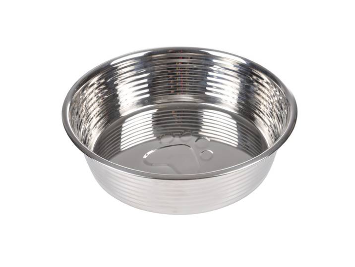 Fressnapf aus Edelstahl, Futternapf mit Rillen und Pfotenmotiv, silber, Ø 17 cm