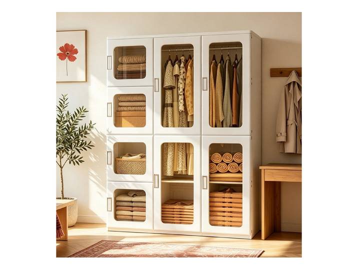 Simurq Kleiderschrank Weißer Kleiderschrank, transparenter Kleiderschrank (Kleiderschrank mit transparenten Magnettüren,Material: PP-Kunststof) Faltbarer Kleiderschrank für Erwachsene
