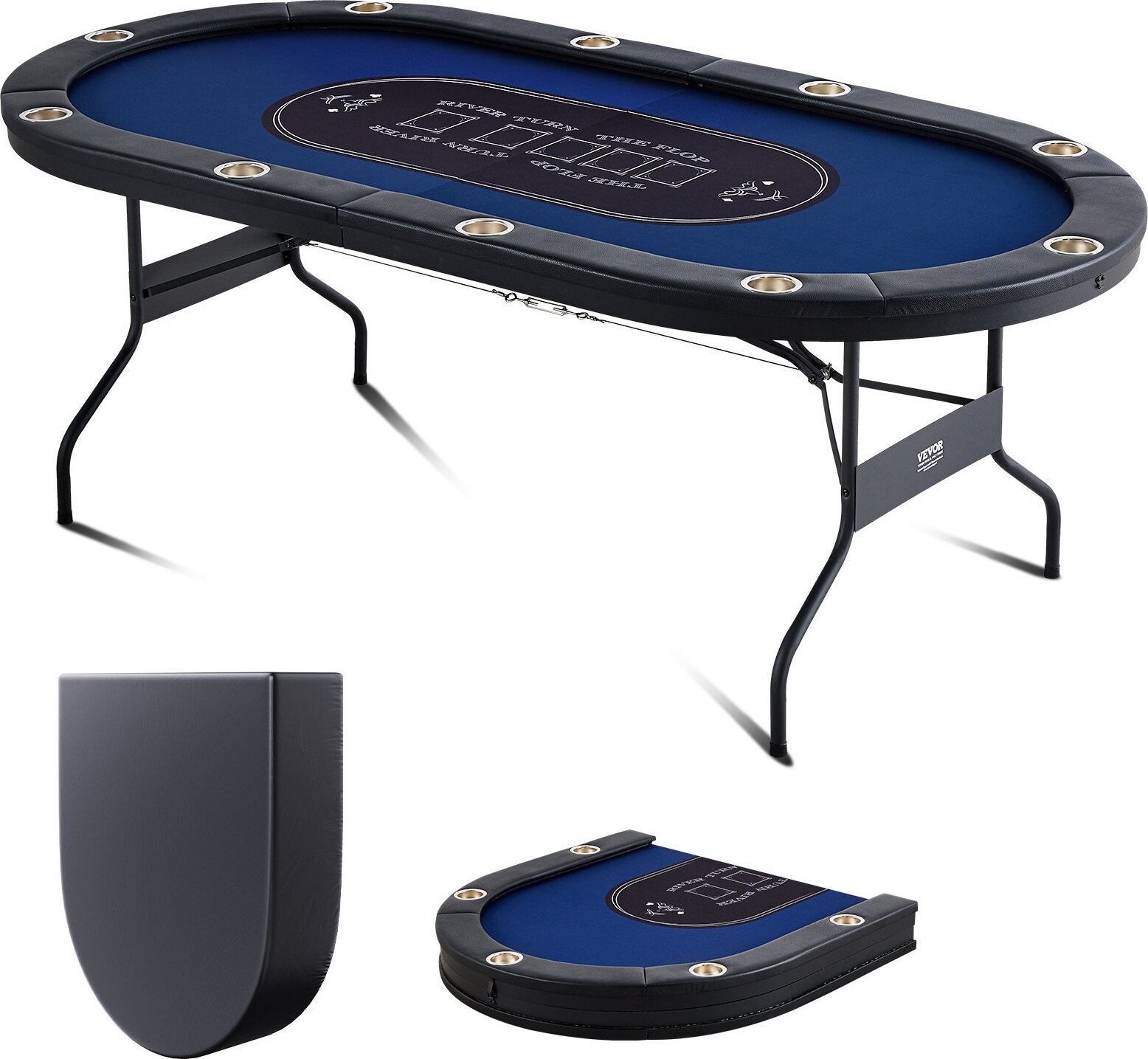 Casino Pokertisch Klappbare Tischbeine 2140 x 1070 x 760 mm (L x B x H), Faltbarer Pokertisch, Schwarz & Blau Pokerauflage Klapptisch für 10 Spieler, Pokertisch mit Staubschutzhülle Tragbar