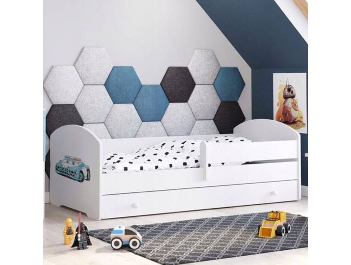 Lit pour enfant LUK – Blanc 160 x 80 cm avec barrière tiroir et matelas – avec motif de voiture de police