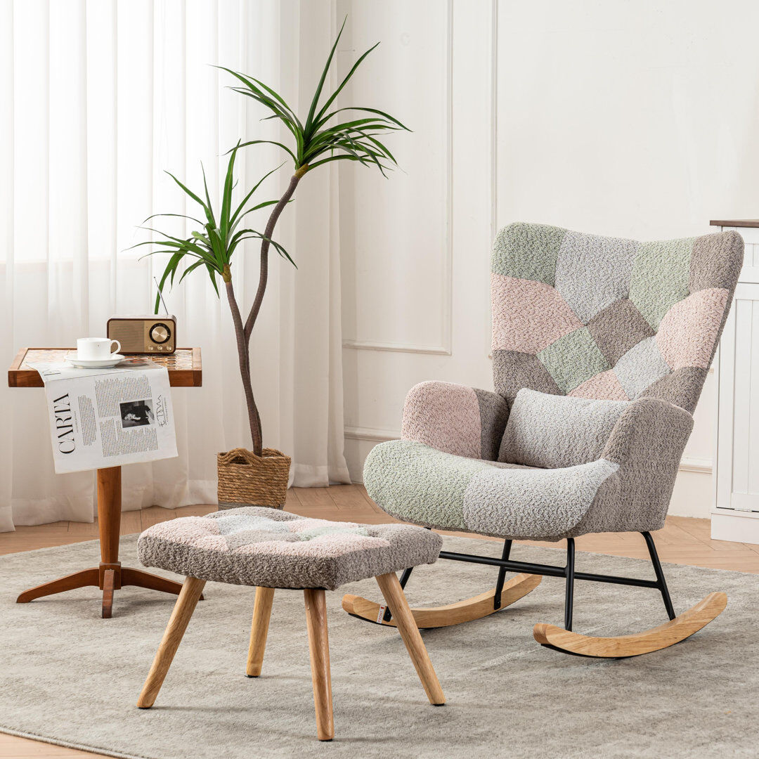 Fjørde & Co Pierce Boucle Rocking Chair Relaxing Recliner Chair with Solid Wood Legs High Back Lounge Chairs Dark Colorful 91cm H X 68cm W X 83cm D