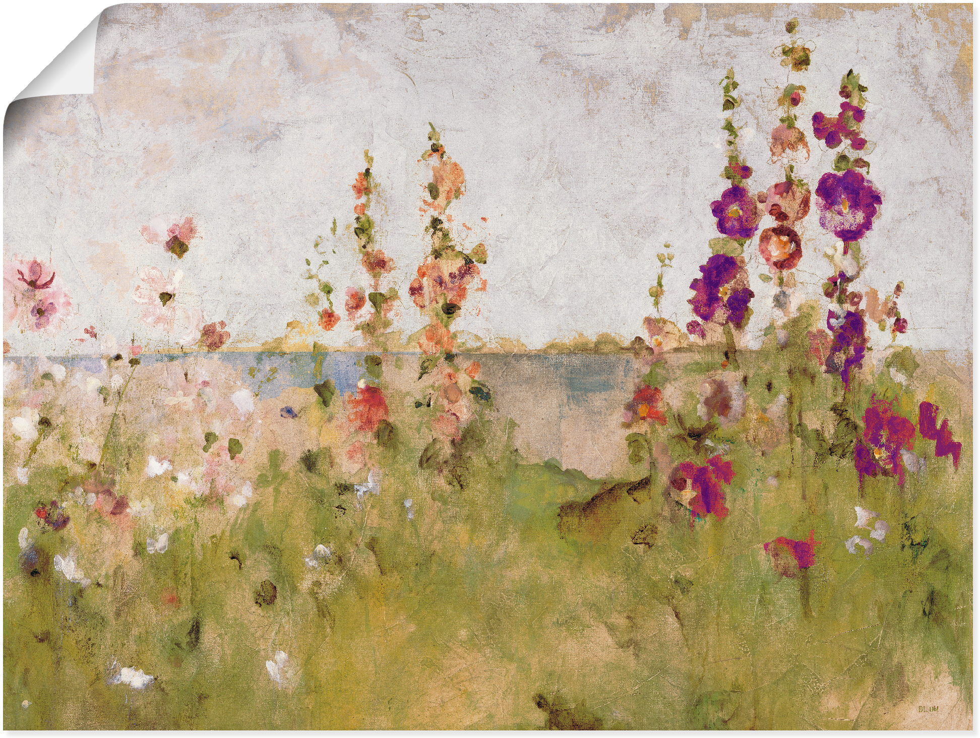 Wandbild ARTLAND "Stockrosen am Meer", grün (farbe bild(er): grün), B:40cm H:30cm, Bilder, Wandbild, als Leinwandbild, Poster in verschied. Grössen farbe bild(er): grün B/H/T: 40cm x 30cm, Poster Blumen Querformat, 1 Stk.