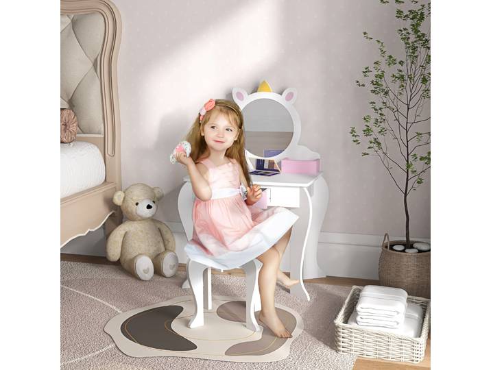 ZONEKIZ Coiffeuse Enfant Licorne Blanc avec Tabouret et Miroir