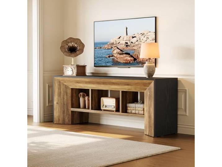 LITTLE TREE TV-Ständer für Fernseher bis zu 70 Zoll, 63 Zoll langes Entertainment-Center für das Wohnzimmer, großes TV-Möbel im Industriestil mit 3 Aufbewahrungsfächern, rustikales Braun und Schwarz