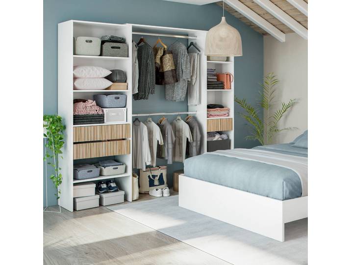 Dressing ouvert avec étagères et 3 tiroirs blanc et bois - DR81008