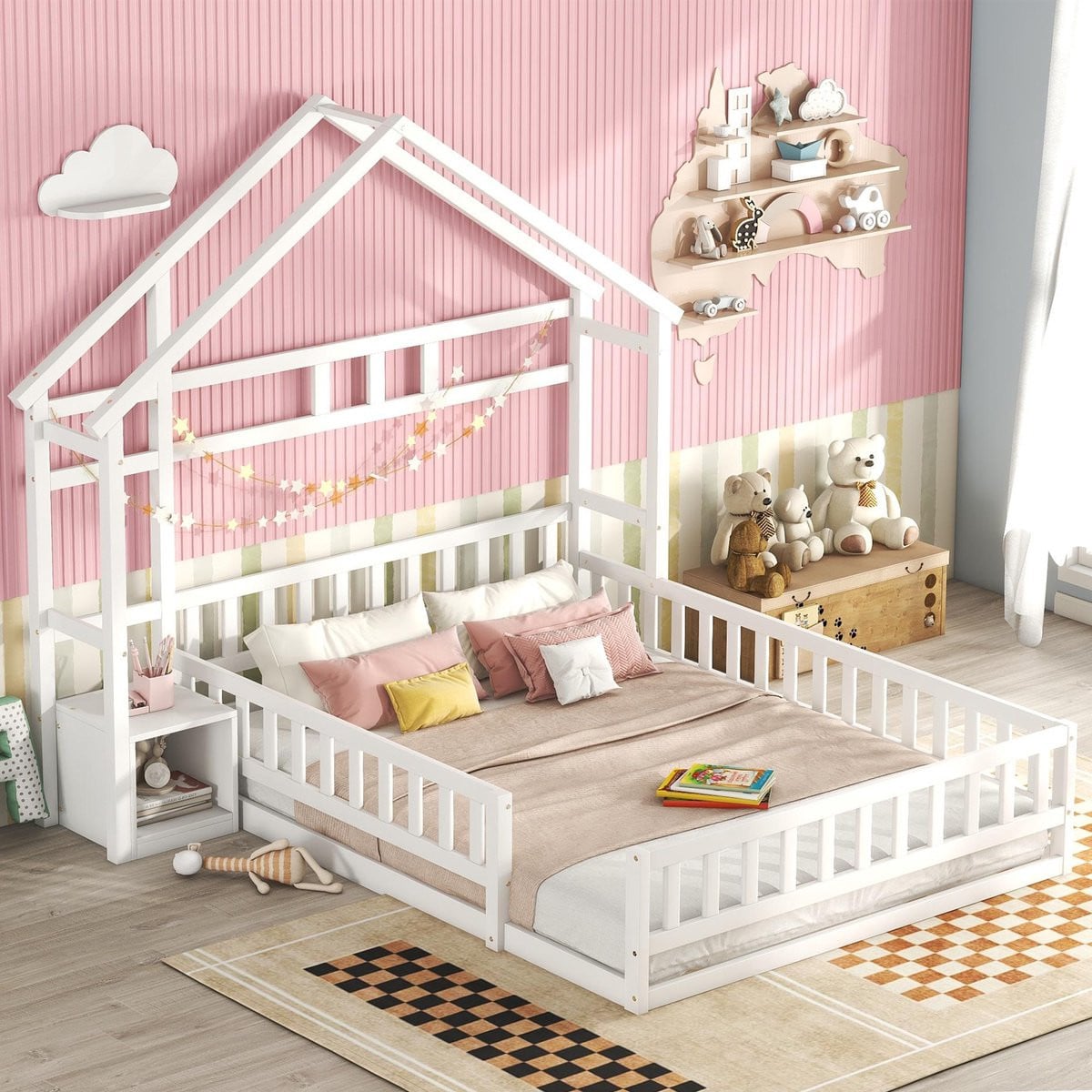Sweiko Kinderbed met Uitvalbeveiliging en Nachtkastje - Huisbed - Wit - B/D: 140 x 200 cm