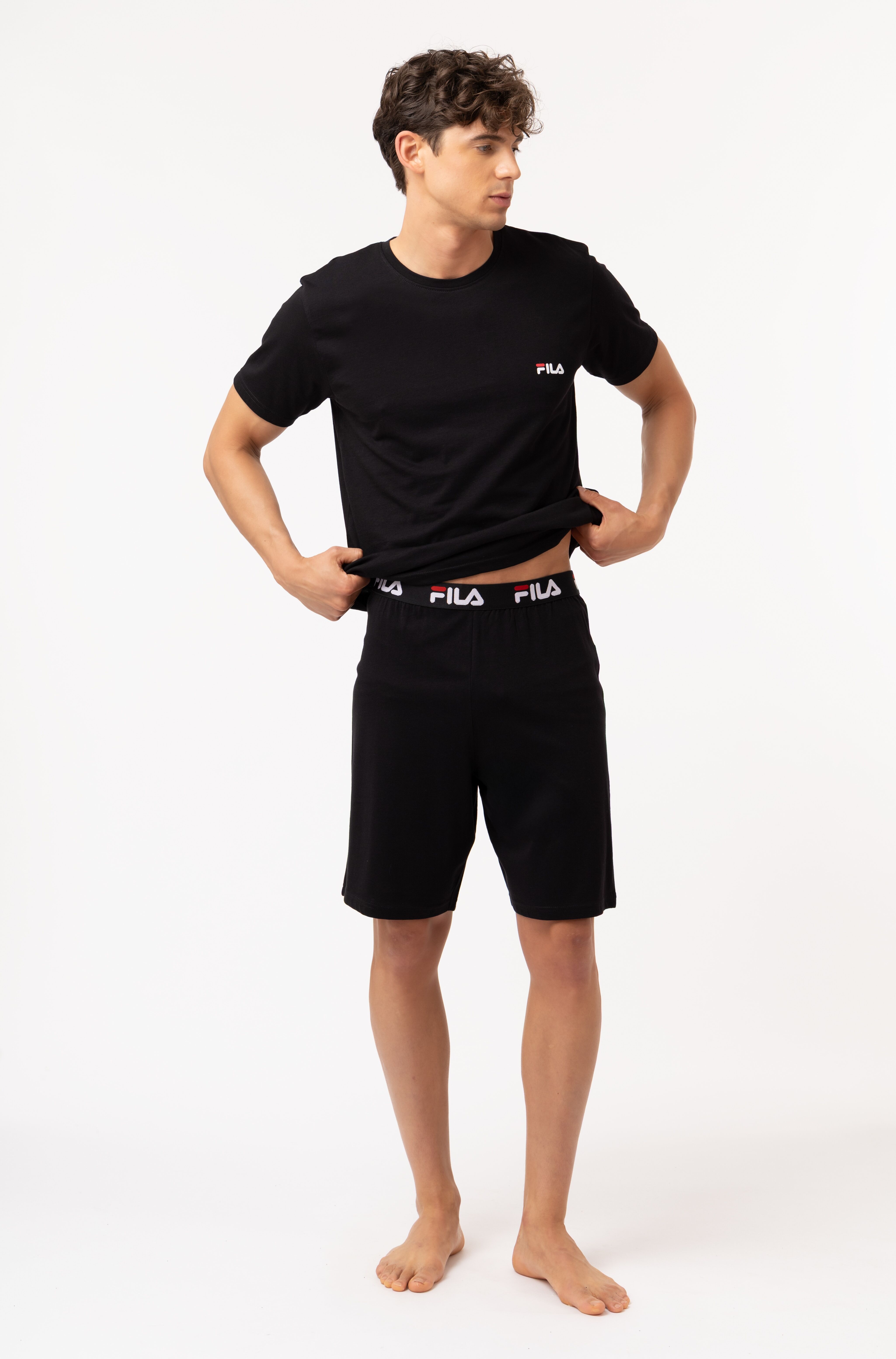 Pyjama FILA "MAN JERSEY PYJAMAS", Herren, Gr. S, schwarz, Jersey, Obermaterial: 100% Baumwolle, bequem kurz, Rundhals, Homewear-Sets Pyjama, aus Baumwolle in Jersey-Qualität, sportlicher Stil schwarz S