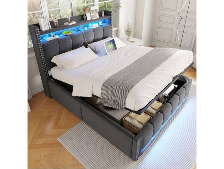 MEULVA Lit coffre rembourré 140x200 cm avec LED USB tête de lit avec étagères tissu de lin gris
