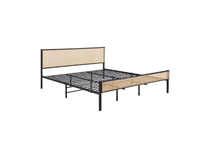 en.casa Metallbett, »Linköping« mit rechteckigem Kopfteil 180x200 cm Schwarz/Rattanoptik