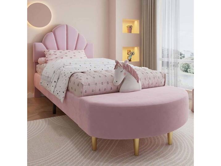 Lit simple - Lit rembourré - 90 x 200 cm - Velours rose - Avec banc