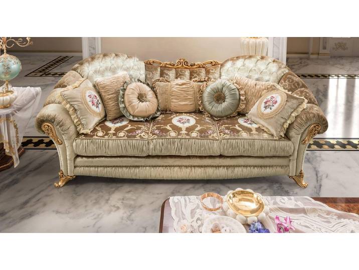 JVmoebel 3-Sitzer Beige Couch im Barock-Rokoko-Stil mit Edelstahl-Fußgestell, Made in Europa