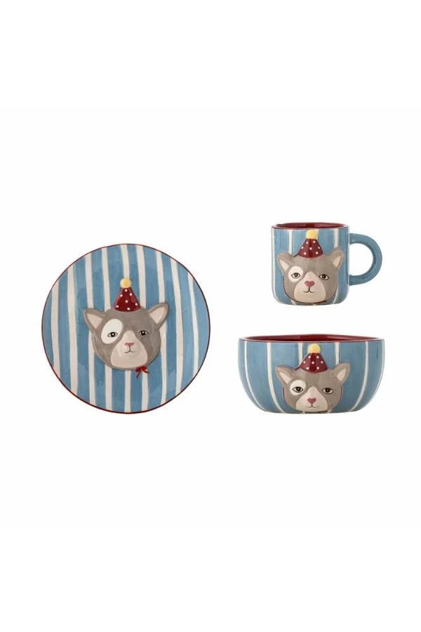 Bloomingville Mini Party serviesset van 3 stuks, blauw gestreept keramiek