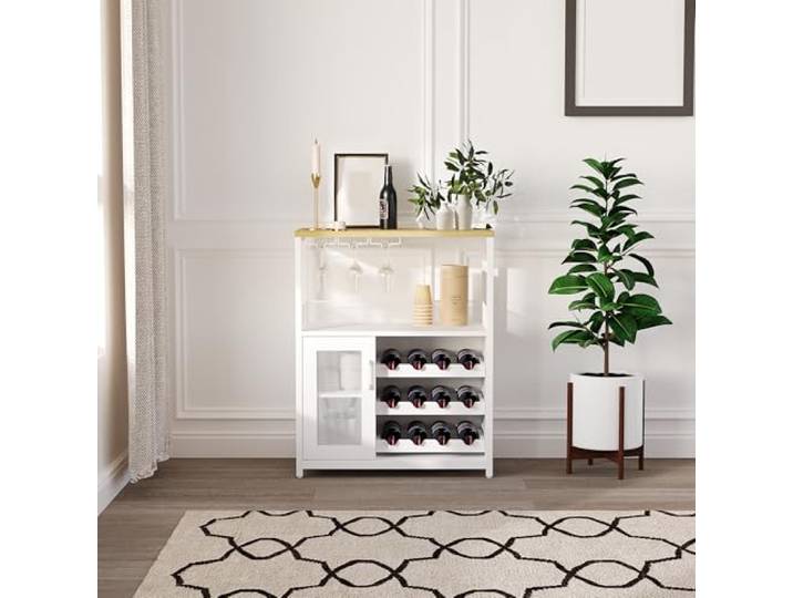 Garvee 3-stöckiger Weinbarschrank mit abnehmbarem Weingestell und Schublade, Industrieller Sideboard- und Anrichteschrank mit Glasaufbewahrung und Gittertür, Weiß