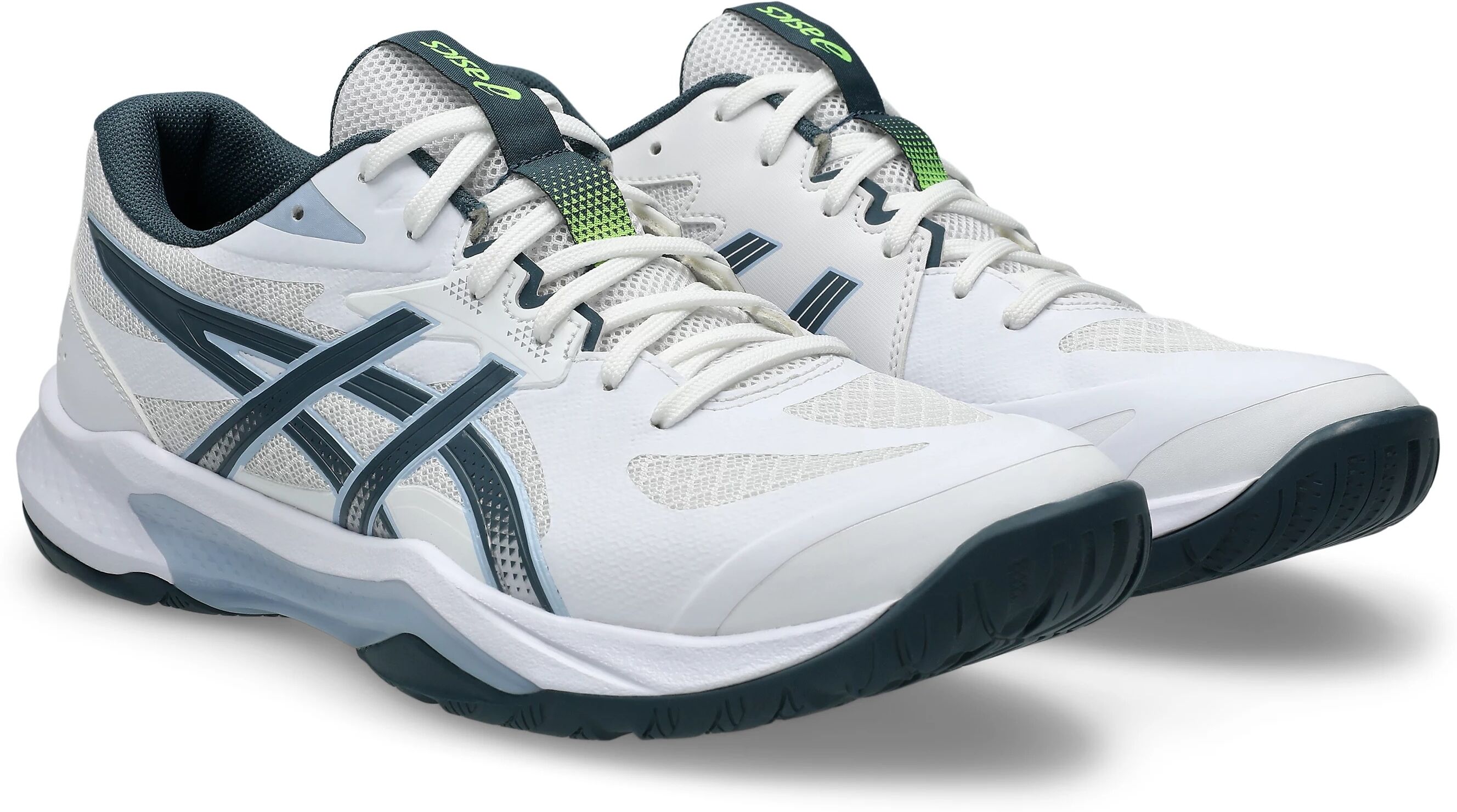 Hallenschuh ASICS "GEL-TACTIC 13", Herren, Gr. 44, weiß (weiß, raw indigo), Schuhe Hallenschuh, für Handball und Volleyball geeignet