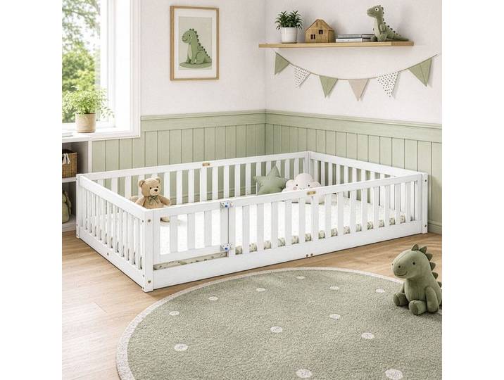 Lit enfant blanc - LALAHO - 120 x 200 cm - Bois de pin massif - Sommier à lattes inclus - Protection antichute amovible