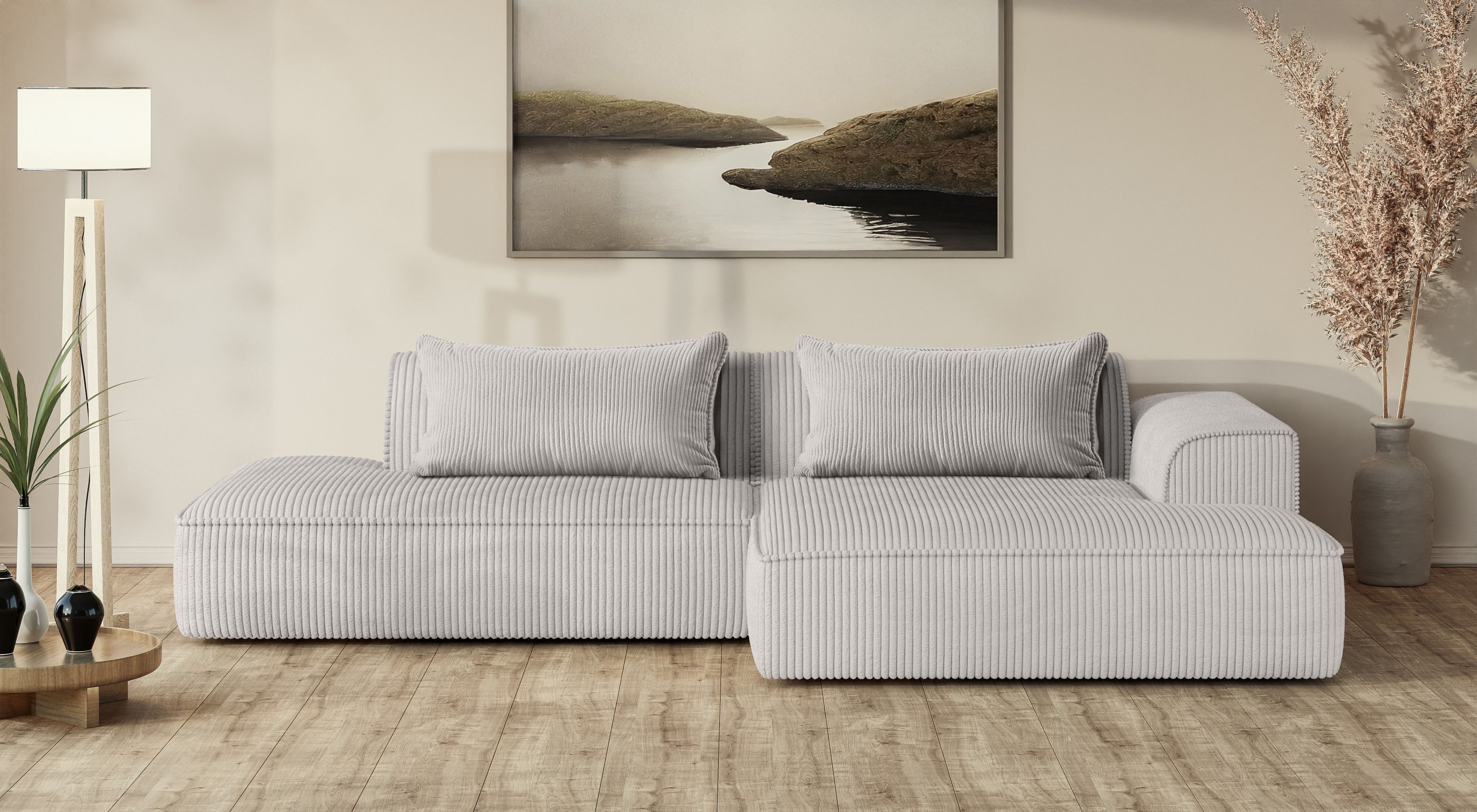 Ecksofa EXXPO - SOFA FASHION "Billund modernes Designsofa, bequem und elegant, Breite 294cm, L-Form", grau (beige), B:294cm H:71cm T:165cm, Sofas, Ecksofa, modern, L-form, Wellenfedern, inklusive 2x Nierenkissen beige B/H/T: 294cm x 71cm x 165cm, Cord POS