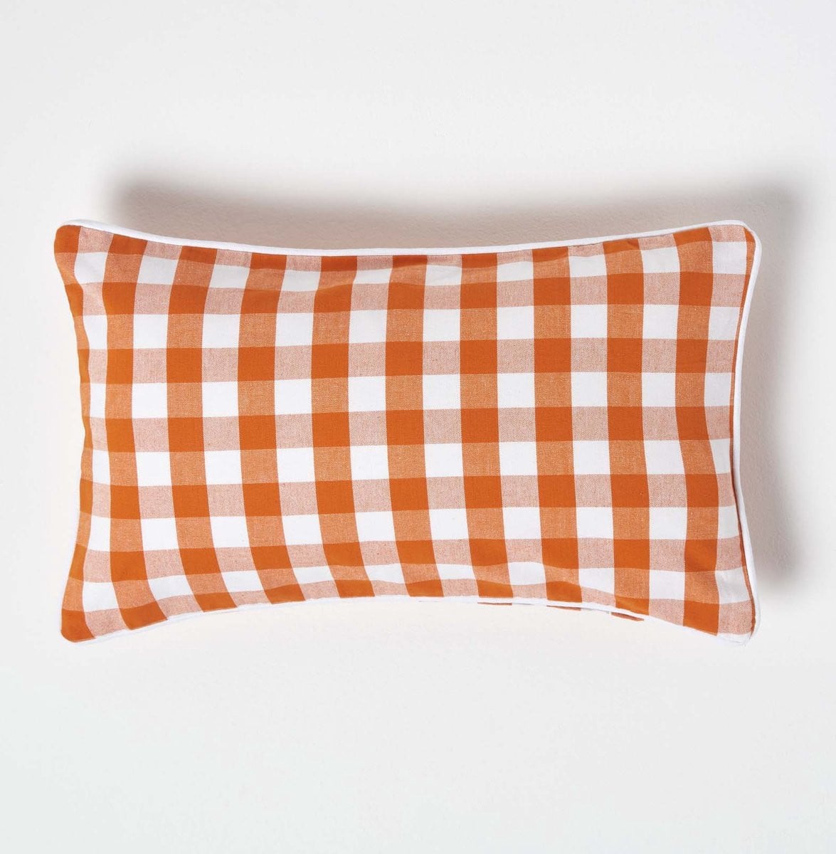 Homescapes Gingham ruit kussenhoes van 100% katoen, handgeweven, oranje