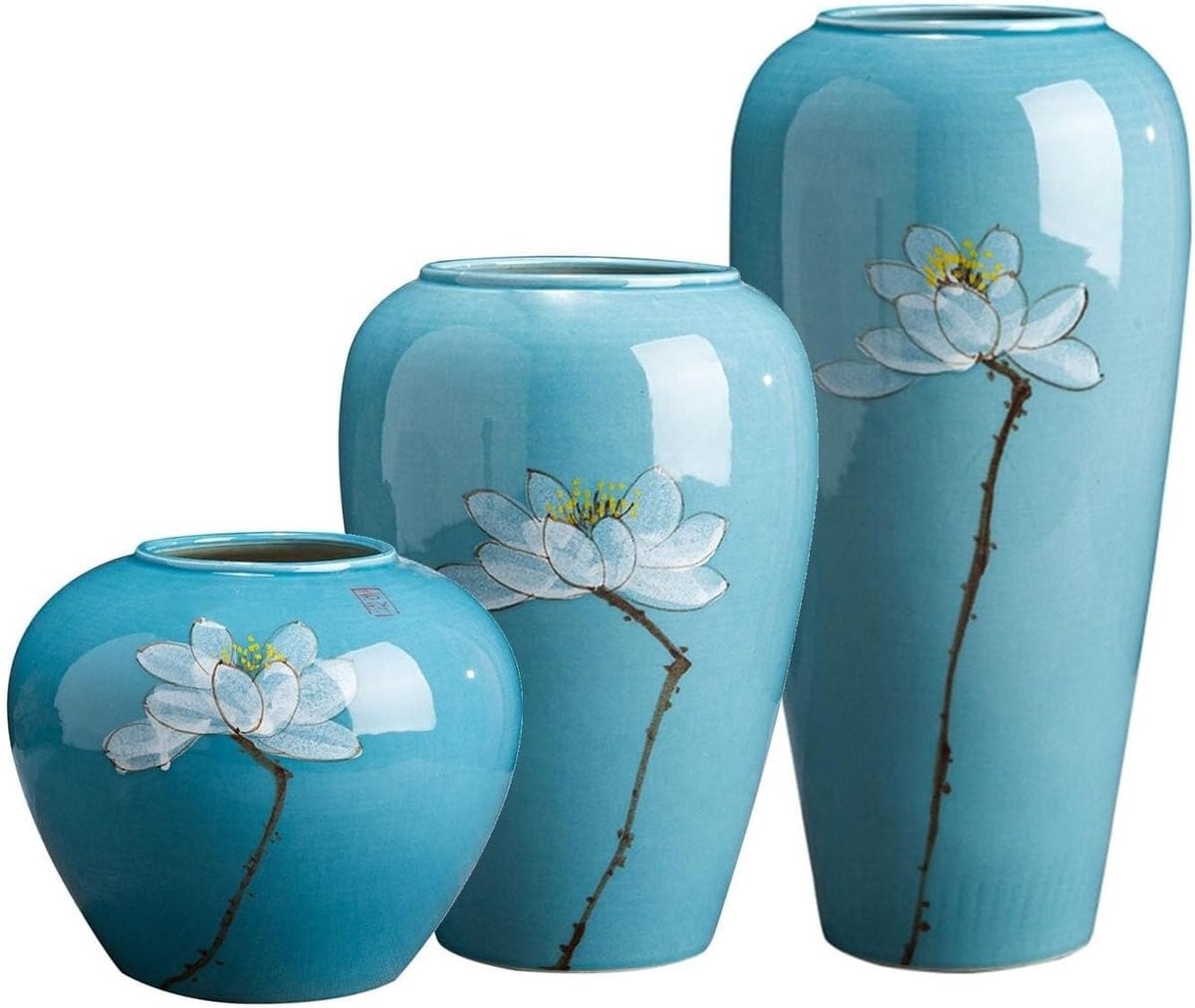 Set van 3 handbeschilderde blauwe keramische decoratieve vazen