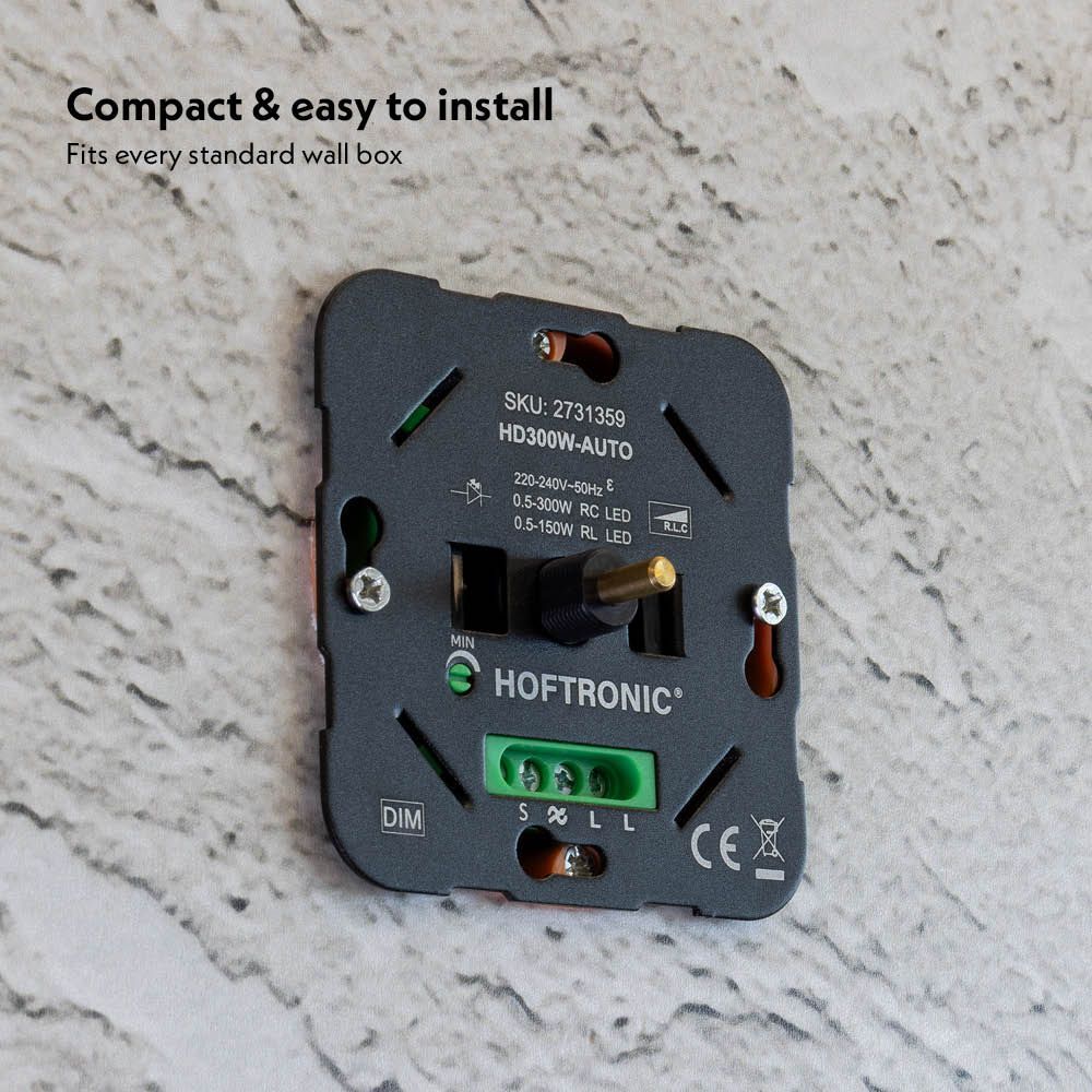 HOFTRONIC Universeller LED-Drehdimmer – 0,5–300 W – Automatische Phasenerkennung – Wechselschaltung – Einstellbare Dimmbarkeit