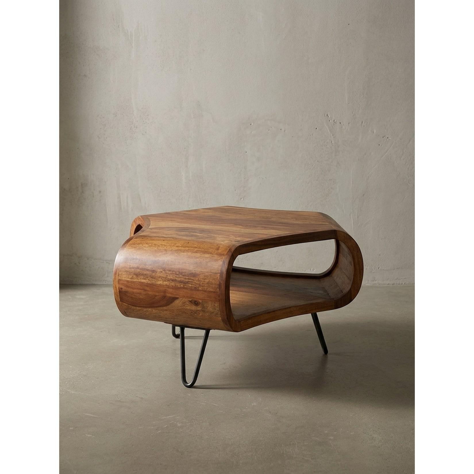 Couchtisch Braun Sheesham Massivholz mit Ablage 55x55x38 cm, Metallgestell Retro