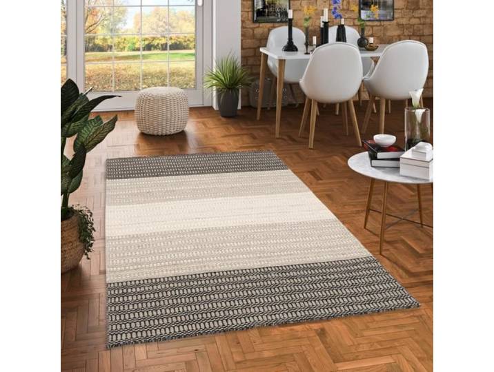 Skandi - Tapis en laine naturelle - Rayures crème gris - 190x290 cm