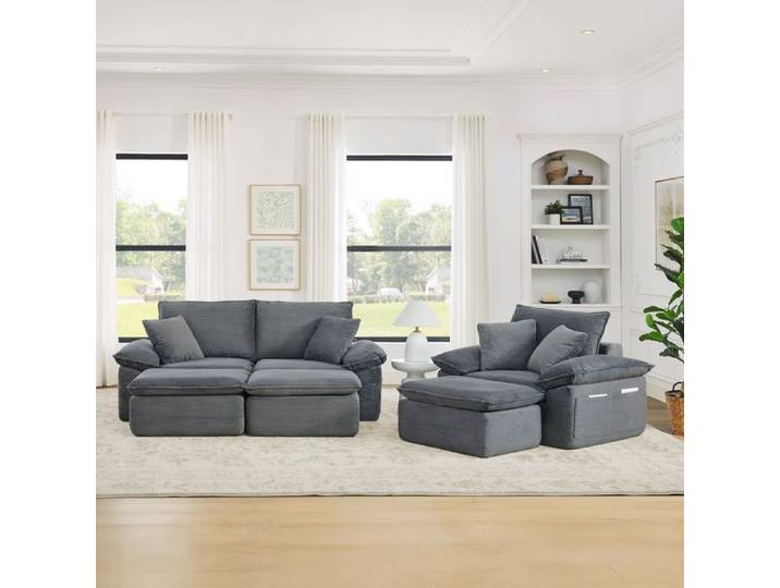 WOVREO canapé de sol modulable 2 places sans montage avec repose-pieds mobile poches de rangement tissu gris clair