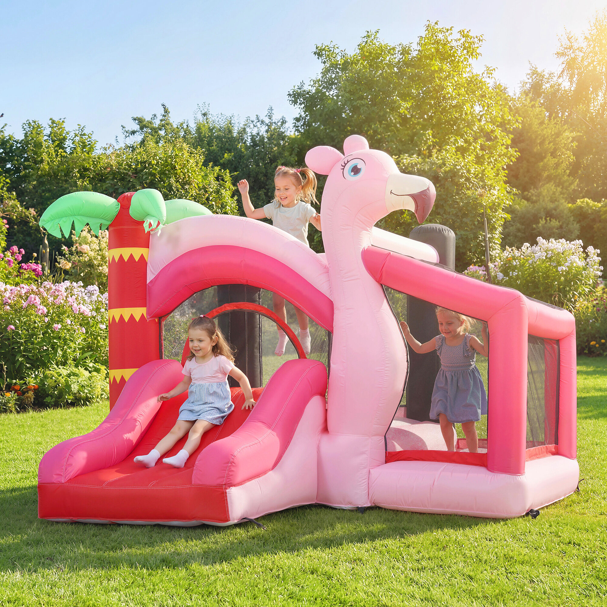 Altro Castello Gonfiabile Per Bambini Con Scivolo, Trampolino, Vasca Di Palline E Canestro Basket, 255x230x196 Cm, Rosa