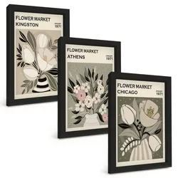 BILDER SET 3er Set - 20x30 cm Schwarzer Rahmen - Retro-Blumenarrangements