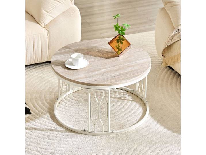 Table basse ronde - Plateau aspect bois - Cadre en métal géométrique - Dimensions 70x40 5 cm - Blanc - MDF et métal