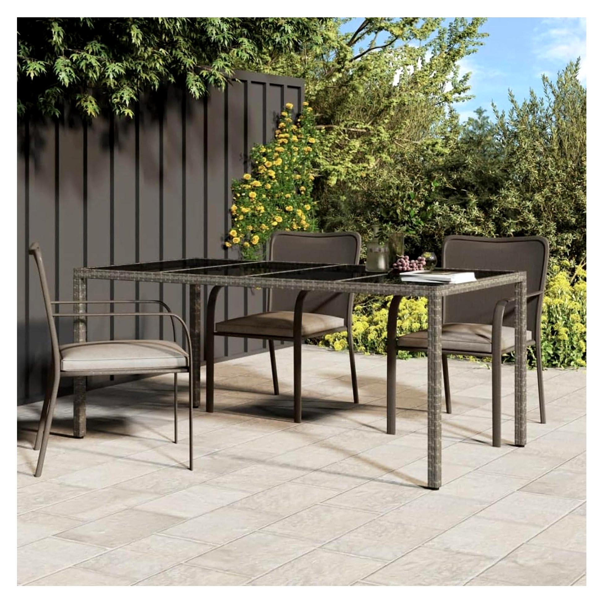 Gartentisch Grau 190x90x75cm aus gehärtetem Glas und Polyrattan, Tisch für Balkon, Picknick, Hinterhof und Terrasse
