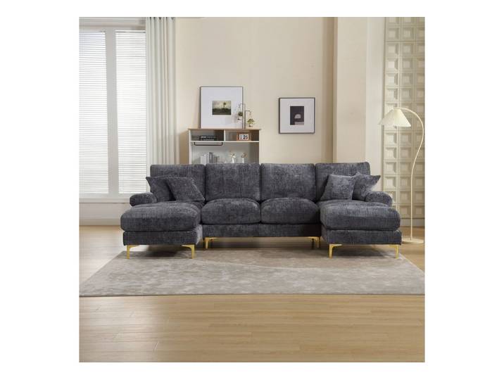 i@home Wohnlandschaft U-Sofa mit Relaxfunktion, 2 Relax-Liegeplätzen, Chenille, Sektionssofa, goldene Metallfüße 1 Teile, Schlafsofa für Wohnzimmer