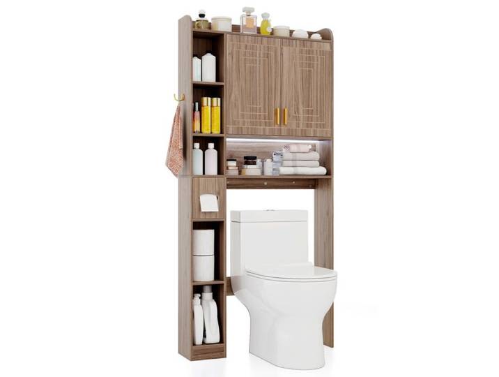 COSTWAY Meuble WC au-Dessus des Toilettes avec LED 2 Portes & 6 Compartiments Ouverts Porte-Papier Étagère Réglable Blanc