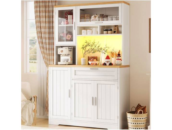 Buffet haut cuisine - VUENOR 104 x 40 x 180 cm blanc - Armoire de cuisine – USB LED portes vitrées