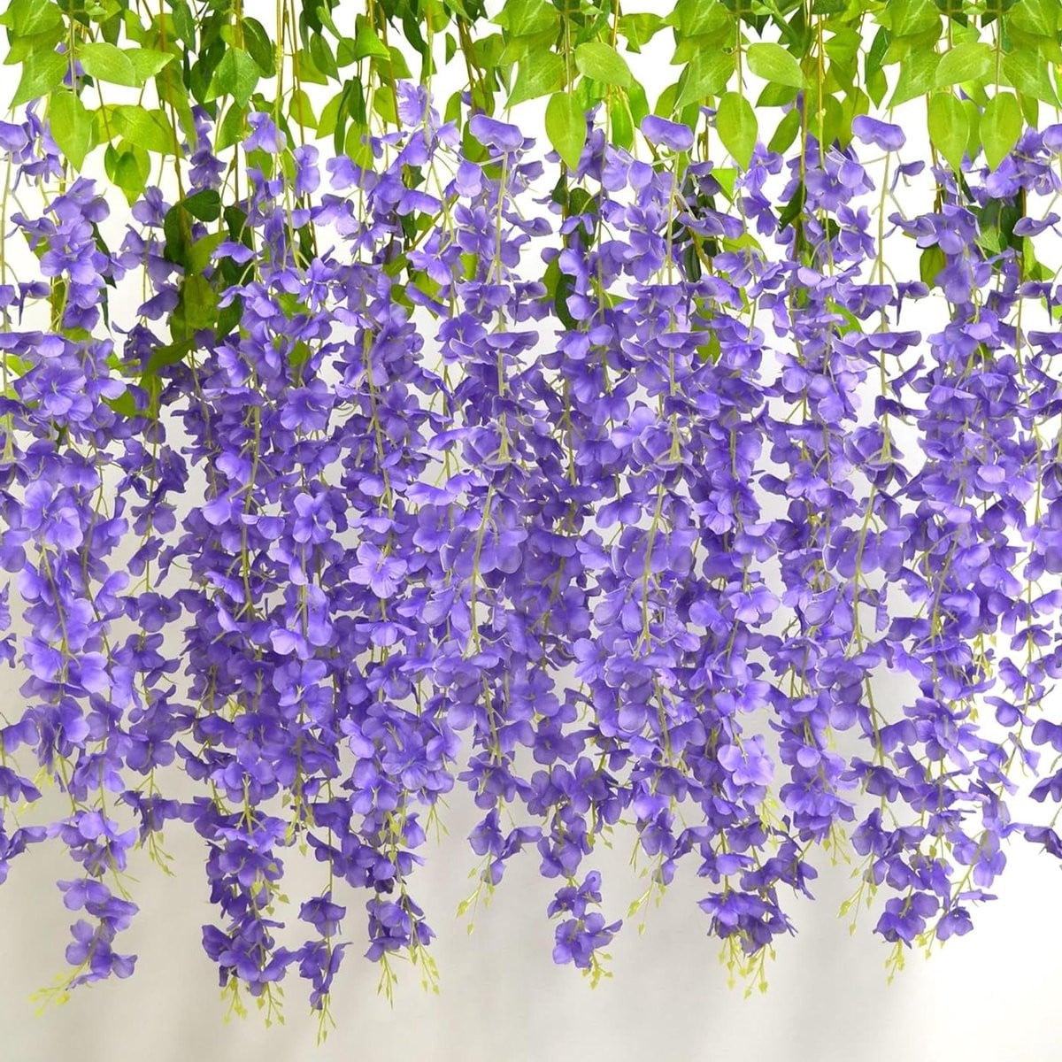 Set van 12 blauwe hangende kunstbloemen - Weerbestendige nep wijnstokken voor decoratie - 114 cm