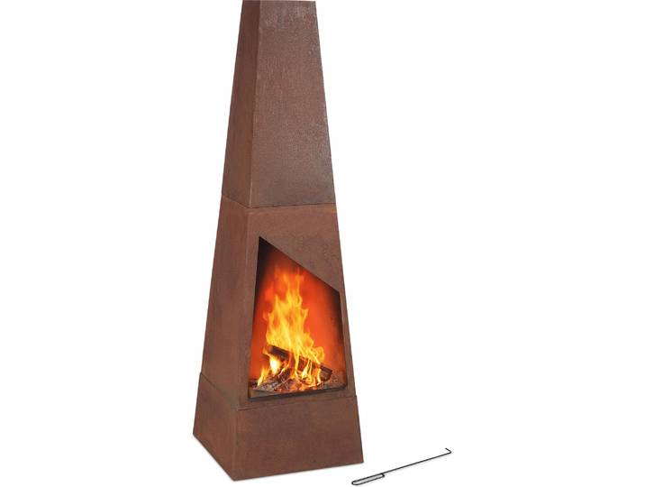 Relaxdays Gartenkamin Cortenstahl, Aschekasten, Feuerrost & Schürhaken, Edelrost Terrassenofen, HBT: 149x45x45cm, braun