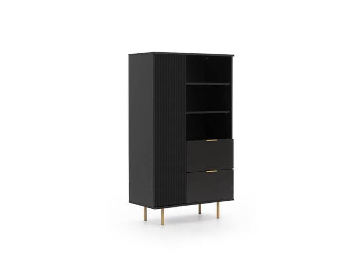 Lomadox Highboard Vitrinenschrank in schwarz matt, Front mit Rillenoptik, Goldfarbene Griffe und Füße